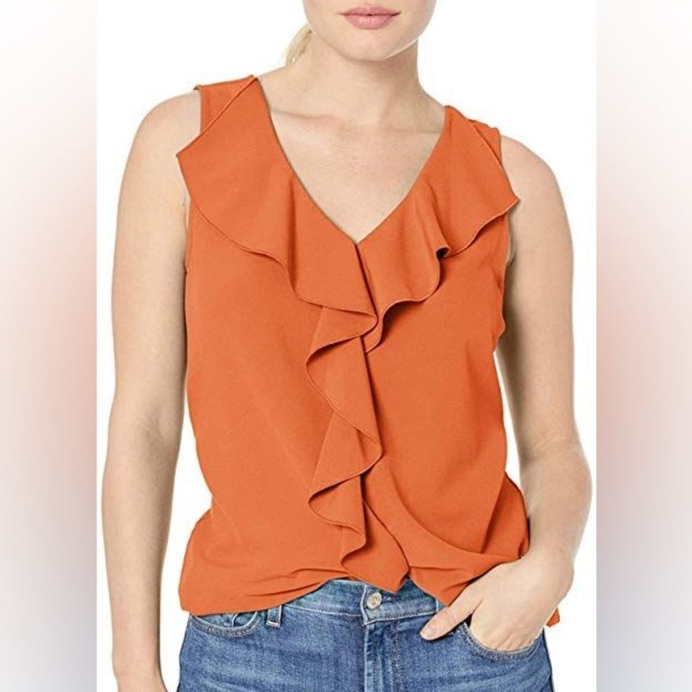 Nordstrom’s LYSSE Orange Sleeveless Blouse w/Cascading Ruffles (Size: Small)